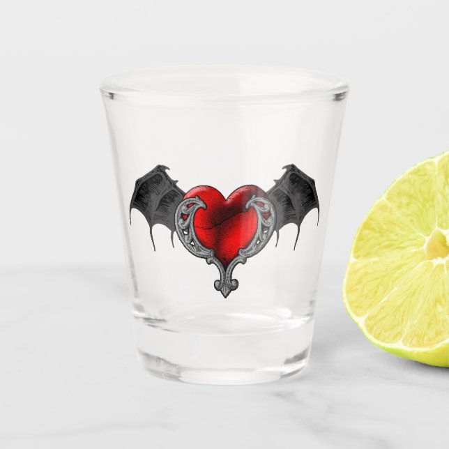 Goth Red Heart mit Bat Wings Shot Glas (Vorderseite)