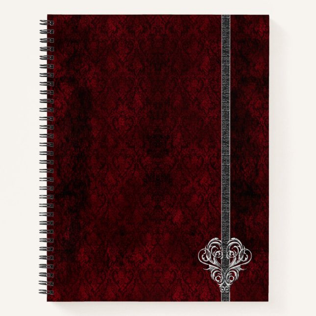 Goth Red Silver Heart Damask Notizbuch (Vorderseite)