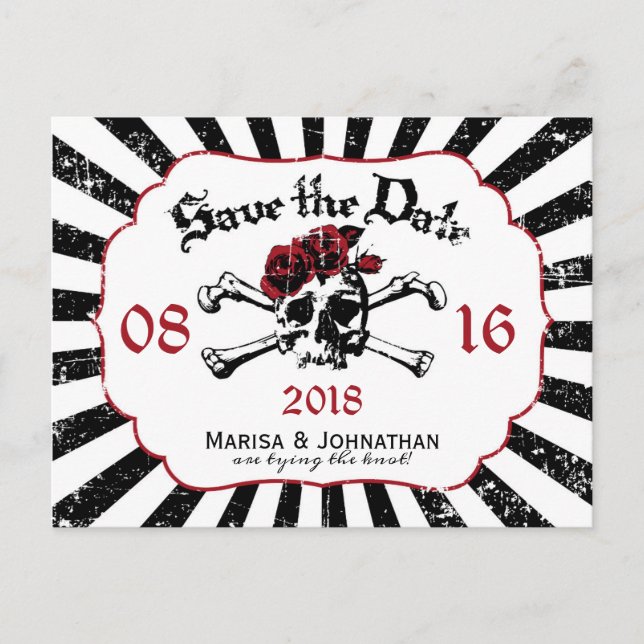 Goth Rose Skull Grunge Pirate Save the Date Ankündigungspostkarte (Vorderseite)
