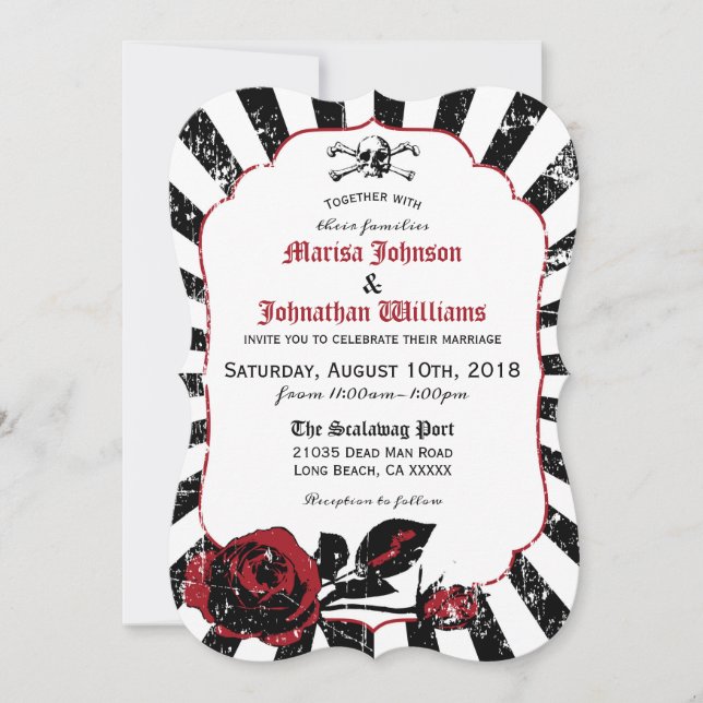 Goth Rose Skull Grunge Pirate Wedding Einladung (Vorderseite)