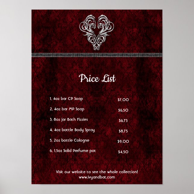 Goth Rot Silber Herz Damast Poster (Vorne)