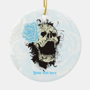 Goth-Schädel mit vintage blauer Rose Andenken Keramik Ornament