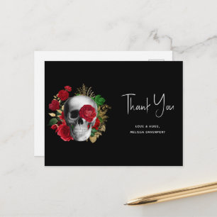 Goth-Schädel rote Blumen & goldene Blätter - Danke Postkarte