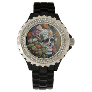 Goth-Schädel und Blumen Armbanduhr