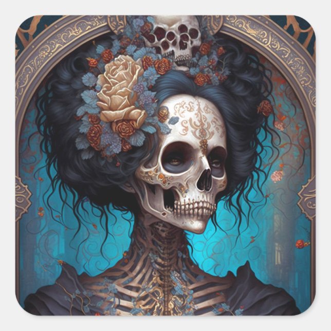 Goth Skeleton Skull Woman Gothic Quadratischer Aufkleber (Vorderseite)