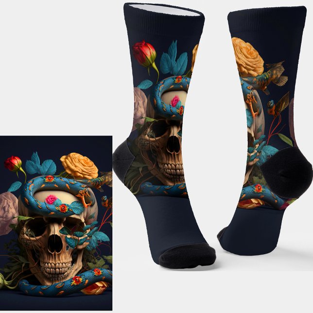 Goth Skull, Blue Snake & Blume auf Blue Socken (Von Creator hochgeladen)