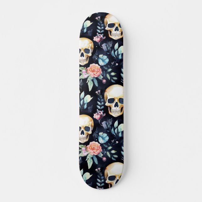 Goth Skull Blume Wasserfarbmuster Skateboard (Vorne)