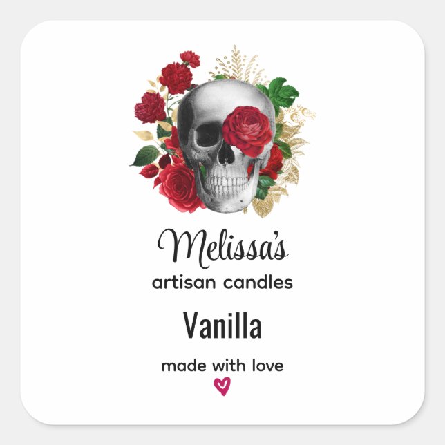 Goth Skull mit Red Blume Candle Business Quadratischer Aufkleber (Vorderseite)