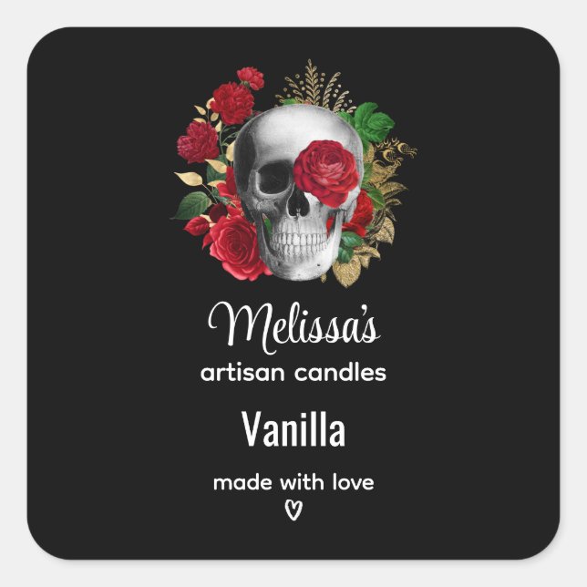 Goth Skull mit Red Blume Candle Business Quadratischer Aufkleber (Vorderseite)