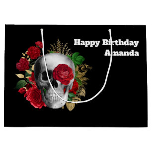 Goth Skull mit Red Blume & Gold Blätter Geburtstag Große Geschenktüte