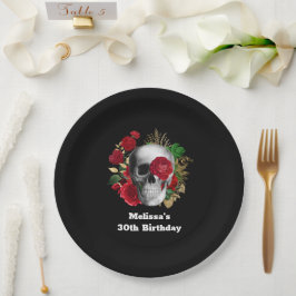 Goth Skull mit Red Blume & Gold Blätter Geburtstag Pappteller