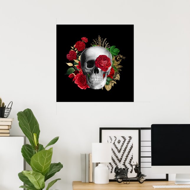 Goth Skull mit Red Blume & Gold Blätter Poster (Heimbüro)