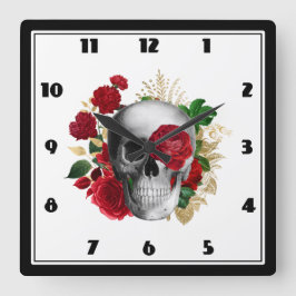 Goth Skull mit Red Blume & Gold Blätter Quadratische Wanduhr