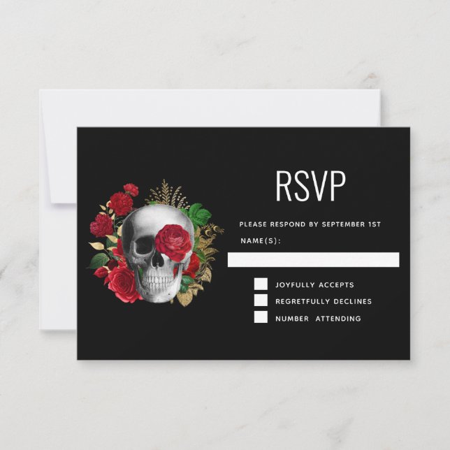 Goth Skull mit Red Blume & Gold Blätter RSVP Karte (Vorderseite)