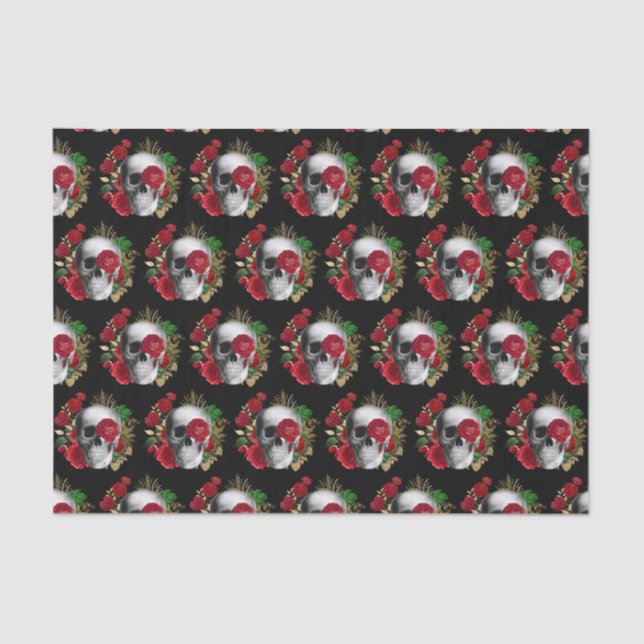 Goth Skull mit Roten Blume Gemustert Seidenpapier (Vorderseite)