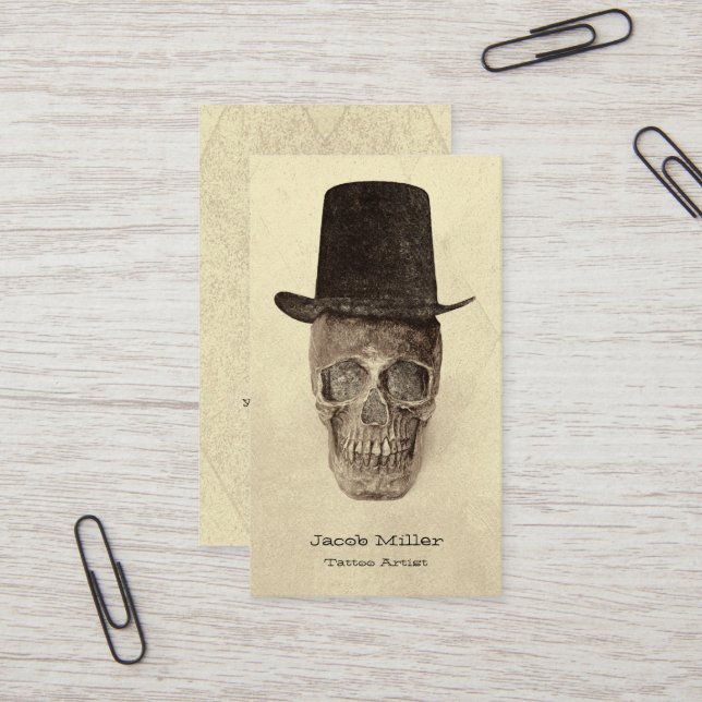 Goth Skull mit Top Hat Sepia Vintager Tattoo Shop Visitenkarte (Vorderseite/Rückseite Beispiel)