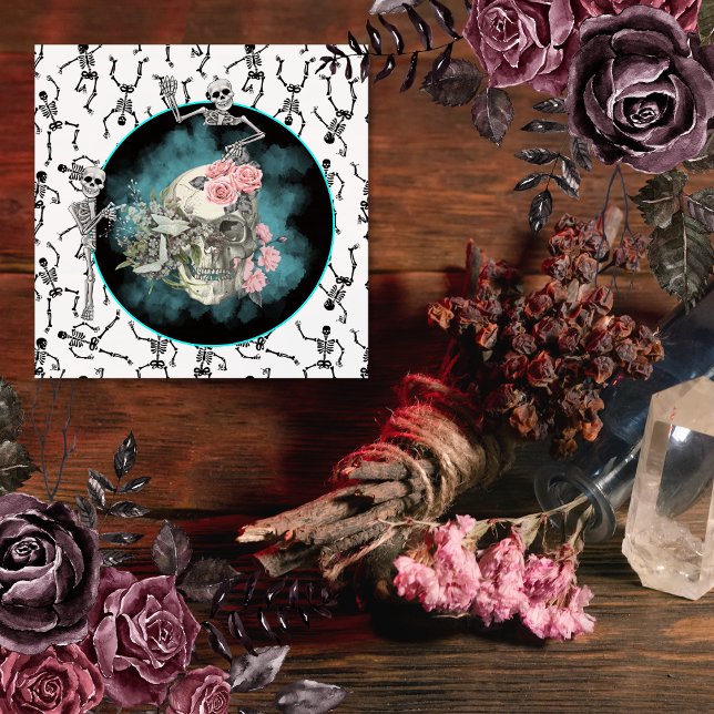 Goth Skull Pink Roses Halloween Quadratischer Aufkleber (Creep it real gothic sticker)
