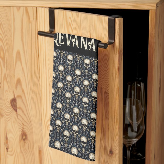 Goth Skulls mit Blauer Blume Geschirrtuch (Drittel gefaltet)