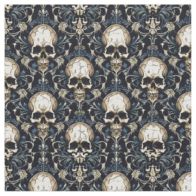 Goth Skulls mit Blauer Blume Stoff (Nahaufnahme)