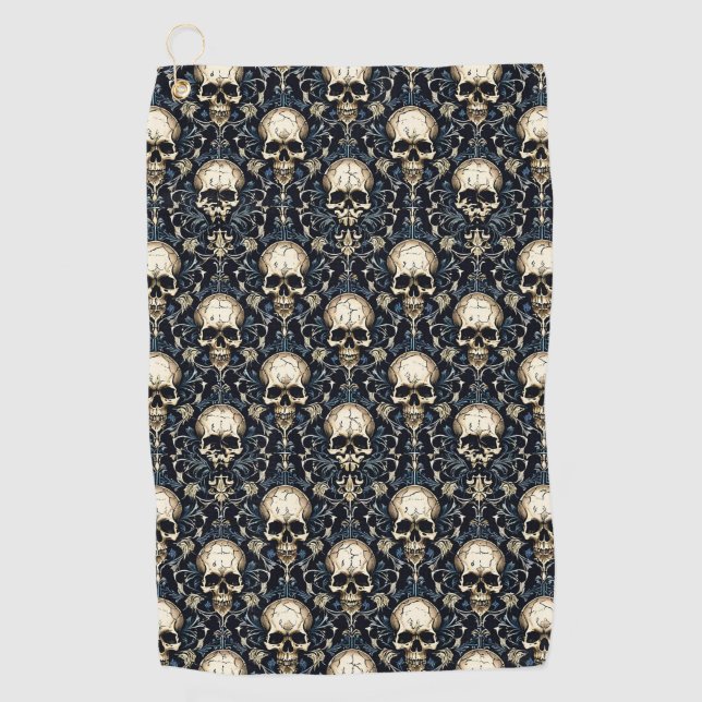 Goth Skulls und Blue Floral Golfhandtuch (Vorderseite)