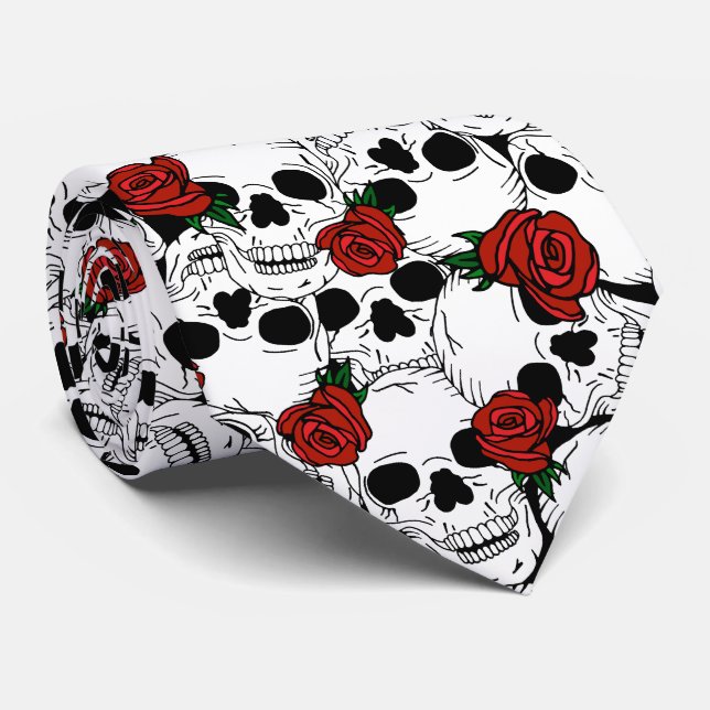 Goth Skulls und Rote Rosen Gemustert Krawatte (Gerollt)