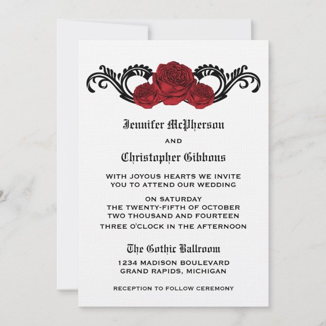 Goth Swirl Rose Wedding Invite, Red Einladung (Vorderseite)