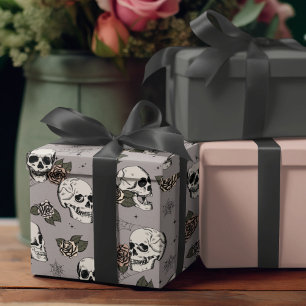 Goth Taupe Gray Skull und Blume Halloween Geschenkpapier