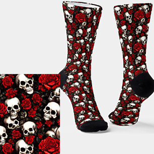 Goth White Skulls & Rote Rosen auf Black Socken