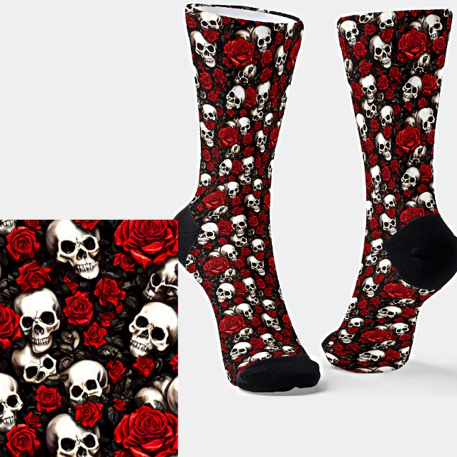 Goth White Skulls & Rote Rosen auf Black Socken (Von Creator hochgeladen)