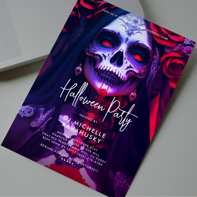Gothic Adult Halloween-Party Red Lila Lady Skull Einladung (Gothic Adult Halloween Party Red Purple Lady Skull Invitation
)