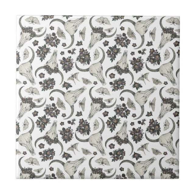 Gothic Animal Skull mit Blume Muster Fliese (Vorderseite)
