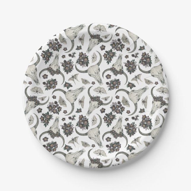 Gothic Animal Skull mit Blume Muster Pappteller (Vorderseite)