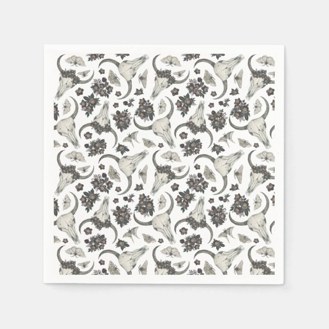 Gothic Animal Skull mit Blume Muster Serviette (Vorderseite)