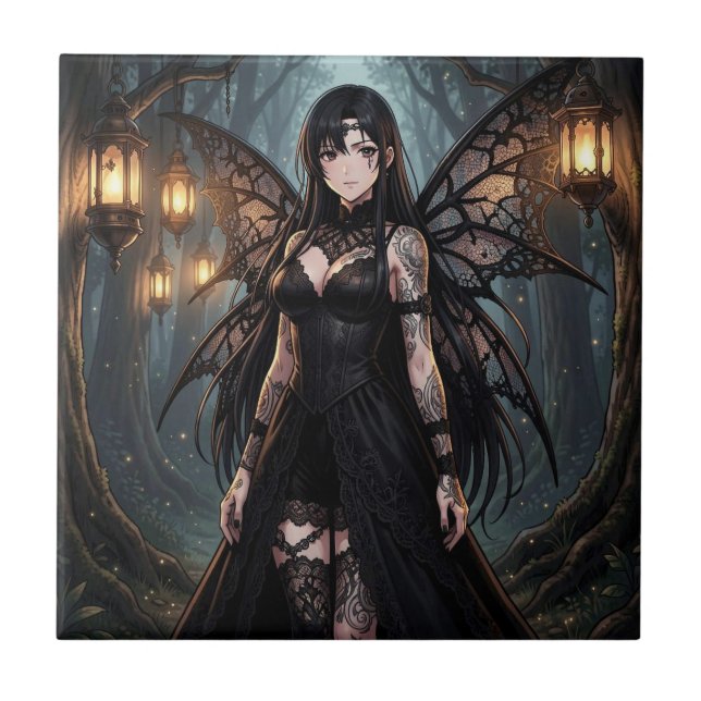 Gothic Anime Fairy Girl in Enchanted Forest Fliese (Vorderseite)