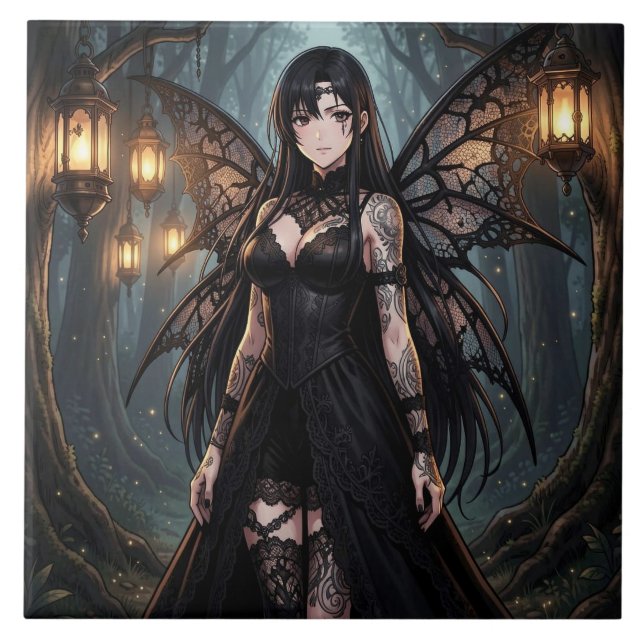 Gothic Anime Fairy Girl in Enchanted Forest Fliese (Vorderseite)