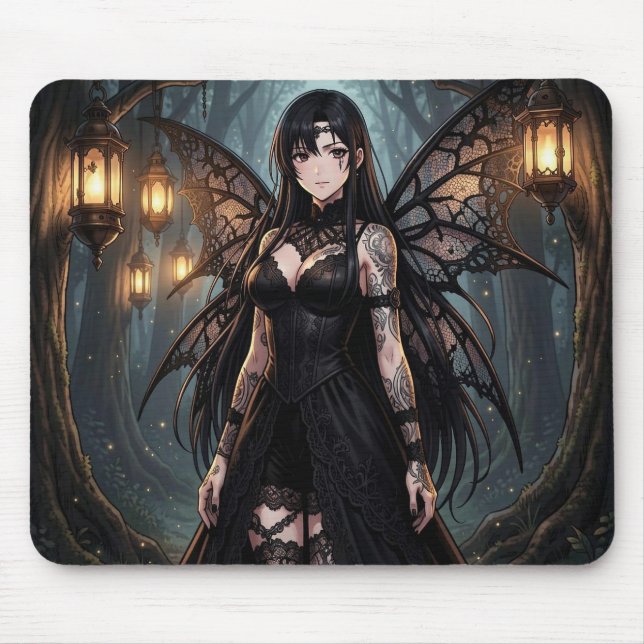 Gothic Anime Fee-Mädchen im verzauberten Wald Mousepad (Vorne)