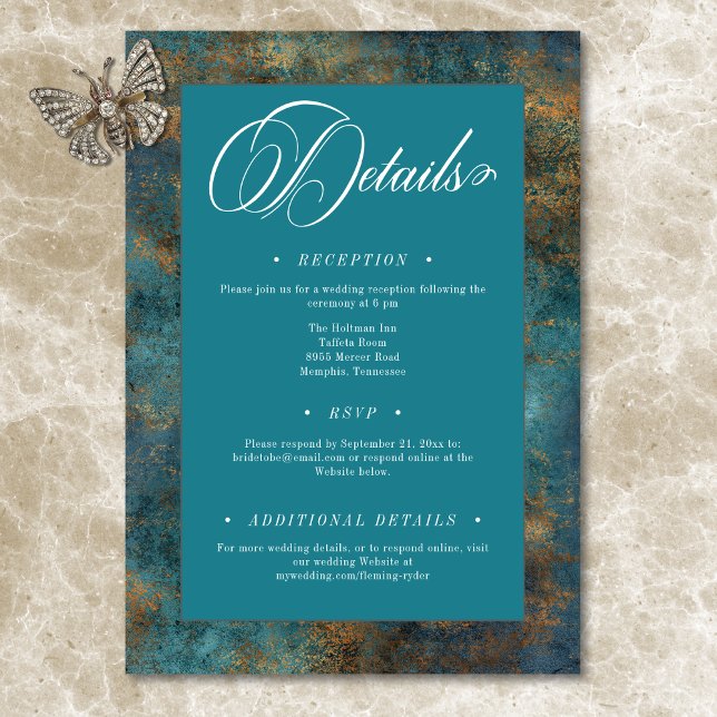 Gothic Antique Aquamarin Gold Damask Details Hochz Begleitkarte (Gothic Antique Teal Gold Damask Wedding Details Enclosure Card)