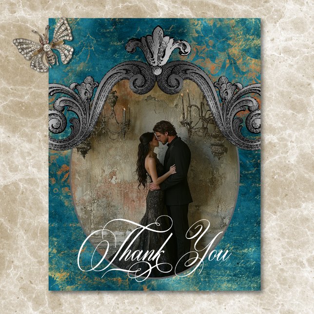 Gothic Antique Aquamarin Gold Damask Foto Hochzeit Dankeskarte (Gothic Antique Teal Gold Damask Photo Wedding Thank You Card)
