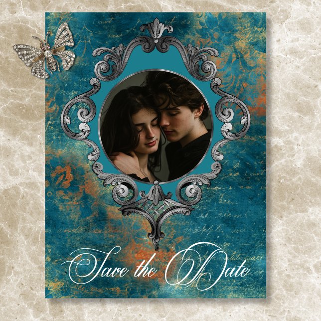 Gothic Antique Aquamarin Gold Damask Foto Hochzeit Save The Date (Gothic Antique Teal Gold Damask Wedding Save The Date Photo)