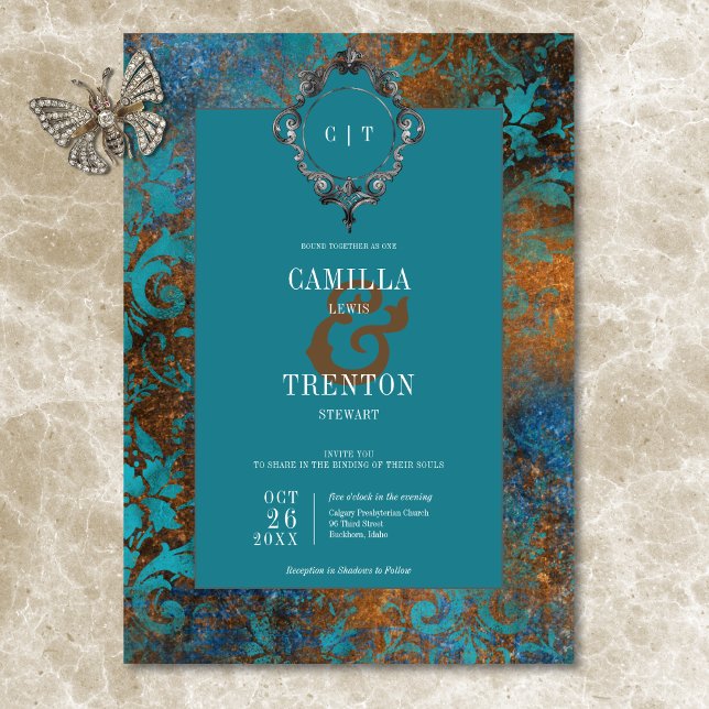 Gothic Antique Aquamarin Gold Damask Hochzeit Einladung (Gothic Antique Teal Gold Damask Wedding Invitation)
