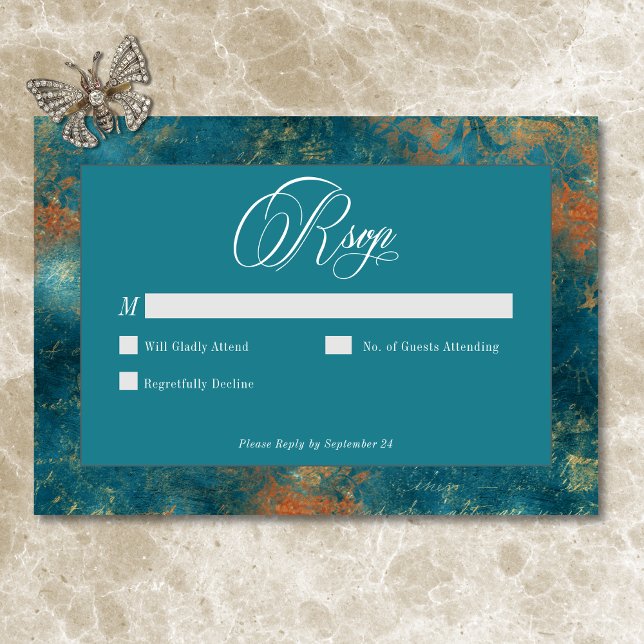 Gothic Antique Aquamarin Gold Damask Hochzeit RSVP Karte (Gothic Antique Teal Gold Damask Wedding RSVP Card)