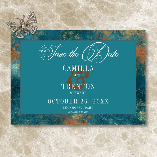 Gothic Antique Aquamarin Gold Damask Hochzeit Save The Date (Gothic Antique Teal Gold Damask Wedding Save The Date)