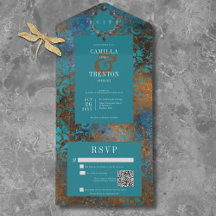 Gothic Antique Aquamarin Gold Damask QR Code