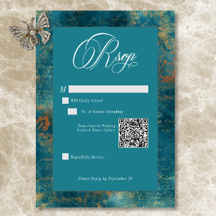 Gothic Antique Aquamarin Gold Damask QR Code Weddi RSVP Karte
