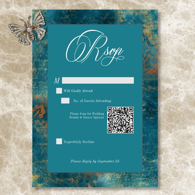 Gothic Antique Aquamarin Gold Damask QR Code Weddi RSVP Karte (Gothic Antique Teal Gold Damask QR Code Wedding RSVP Card)