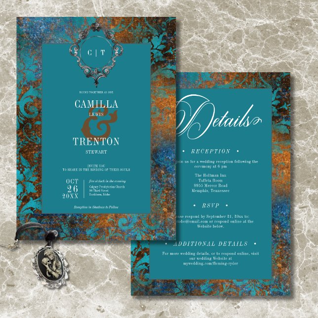 Gothic Antique Aquamarin Gold Damask Zwei-seitige  Einladung (Gothic Antique Teal Gold Damask Two Sided Wedding Invitation)