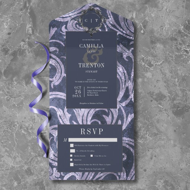 Gothic Antique Lila Damask Dinner Hochzeit All In One Einladung (Gothic Antique Purple Damask Dinner Wedding All In One Invitation)