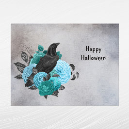 Gothic Aquamarin Floral Raven Halloween Feiertagspostkarte