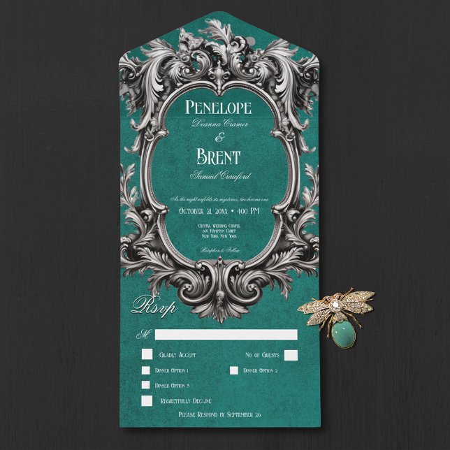 Gothic Aquamarin Moody Viktorianisch Frame Dinner All In One Einladung (Gothic Teal Moody Victorian Frame Dinner All In One Invitation)