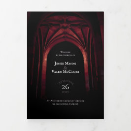 Gothic Arch Elegant Hochzeit Dunkelschwarz Rot Dreifach-gefaltete Programmkarte